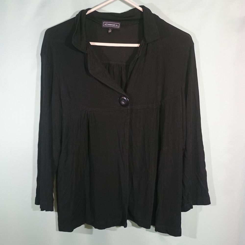 Women's Black Lightweight Jacket Button Front Blouse 3/4 Sleeve Top